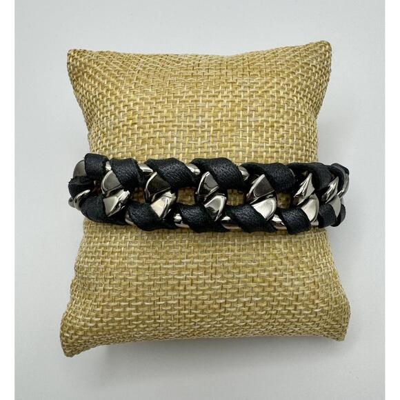 Skinny By Jessica Elliot Blue Gray Leather Wrapped Silver Tone Link Bracelet - Picture 1 of 6